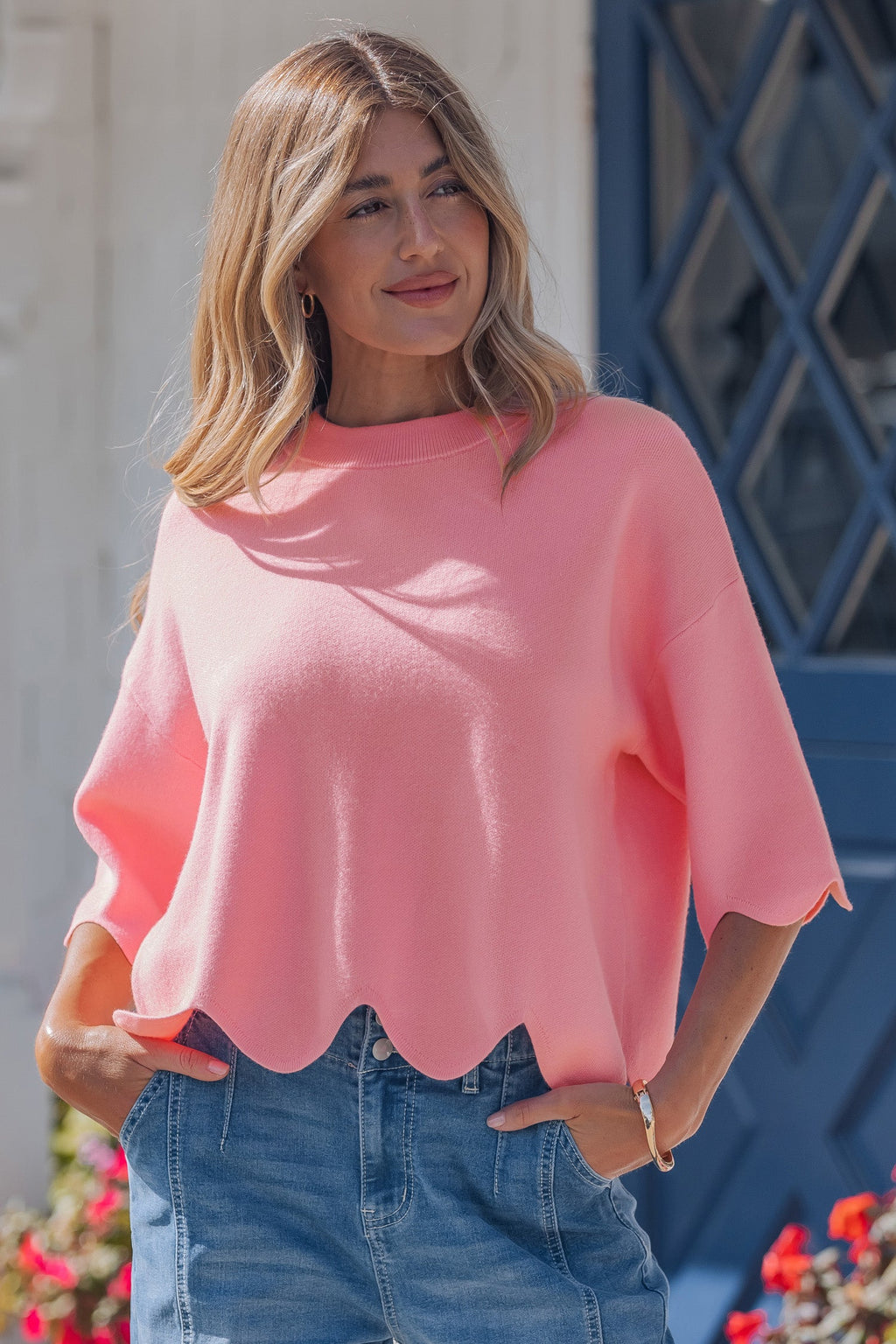 Pink Scalloped Hem 3/4 Sleeve Sweater Top
