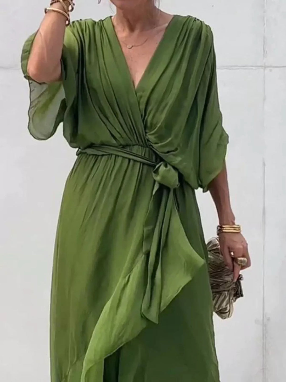 Full Size Chiffon Wrap Dress with Flutter Sleeves Plus Size