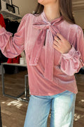 Fushia Solid Color Velvet Ribbon Bow Knot Long Sleeve Blouse