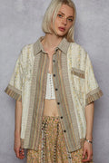 Printed Patchwork Button-Down Short Sleeve Shirt in Cotton