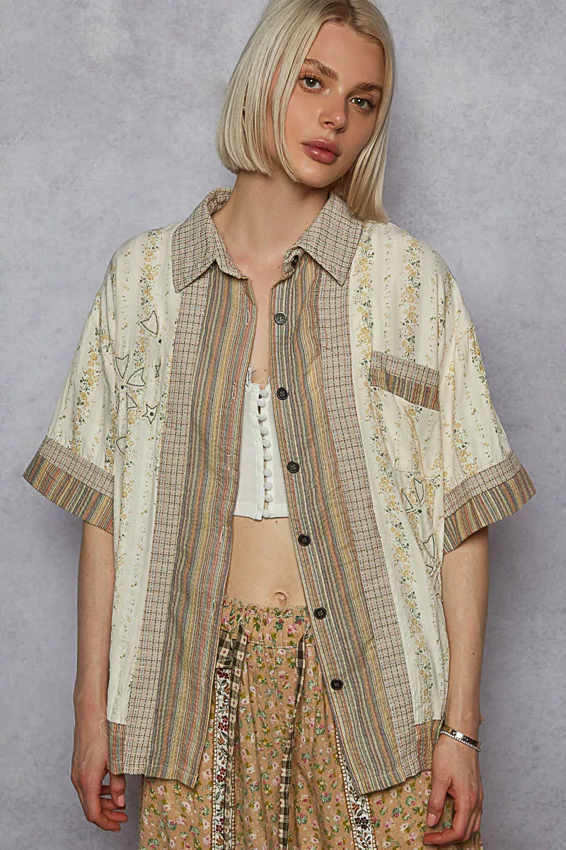 Printed Patchwork Button-Down Short Sleeve Shirt in Cotton