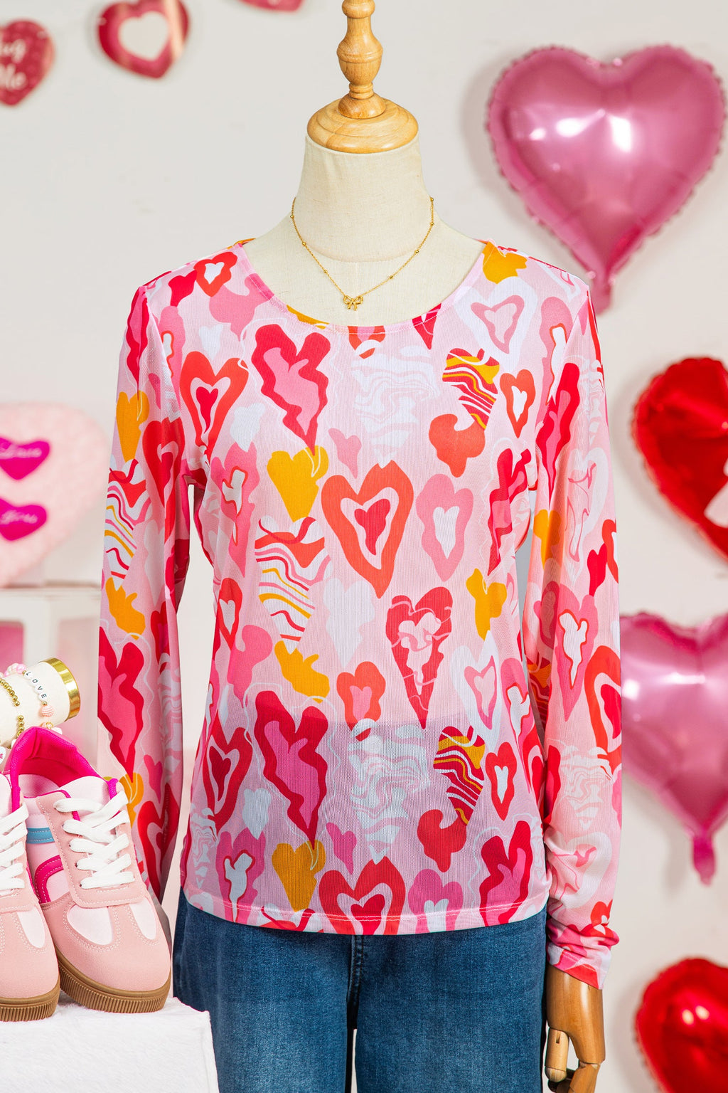 Rose Valentine Heart Mesh Long Sleeve Top