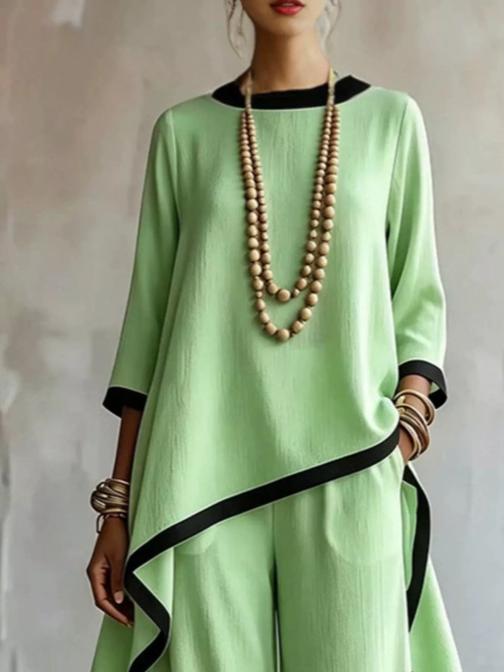 Full Size Contrast Trim High-Low Top and Pants Set Plus Size