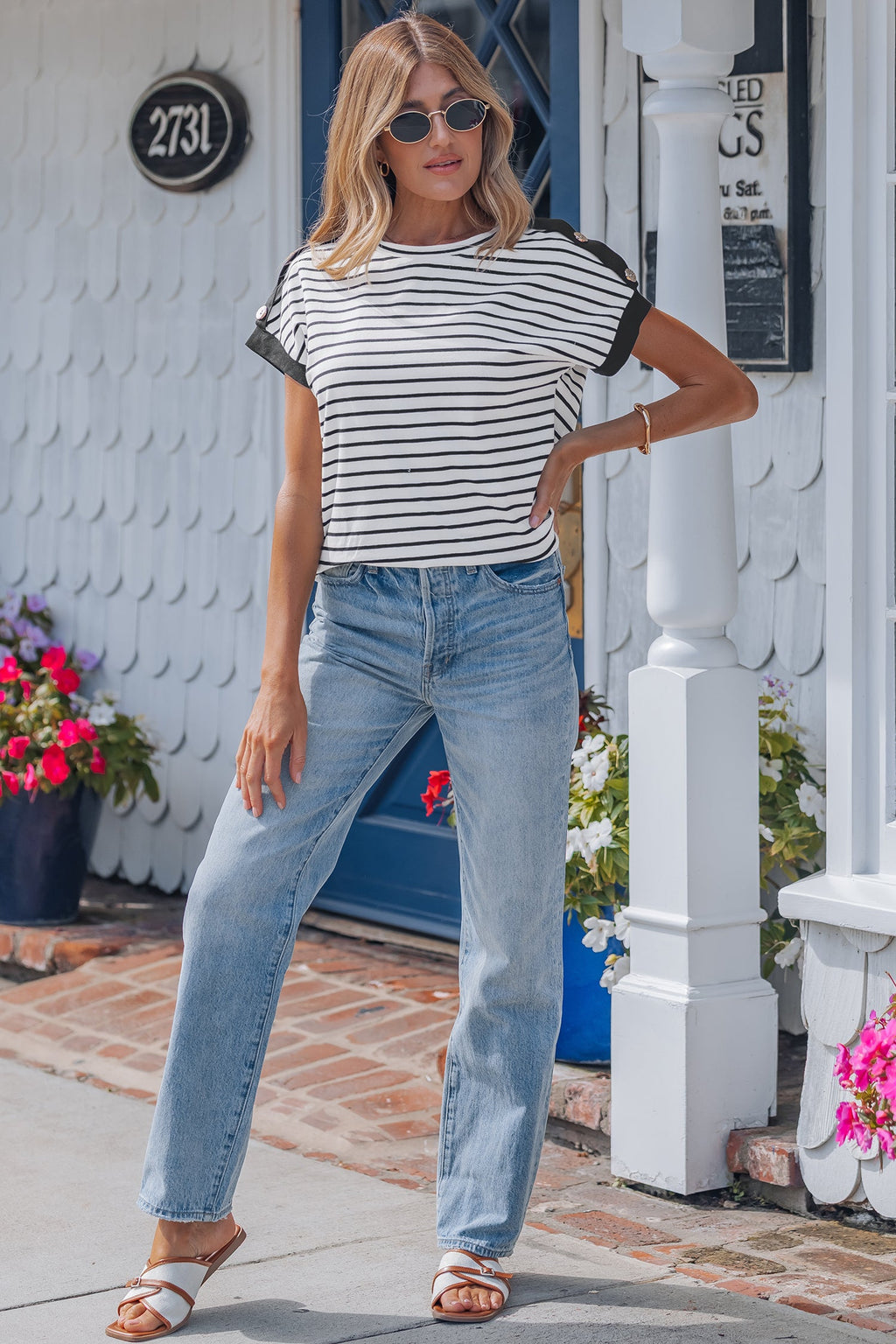 Black Stripe Cuffed Sleeve Button Detail Loose Tee