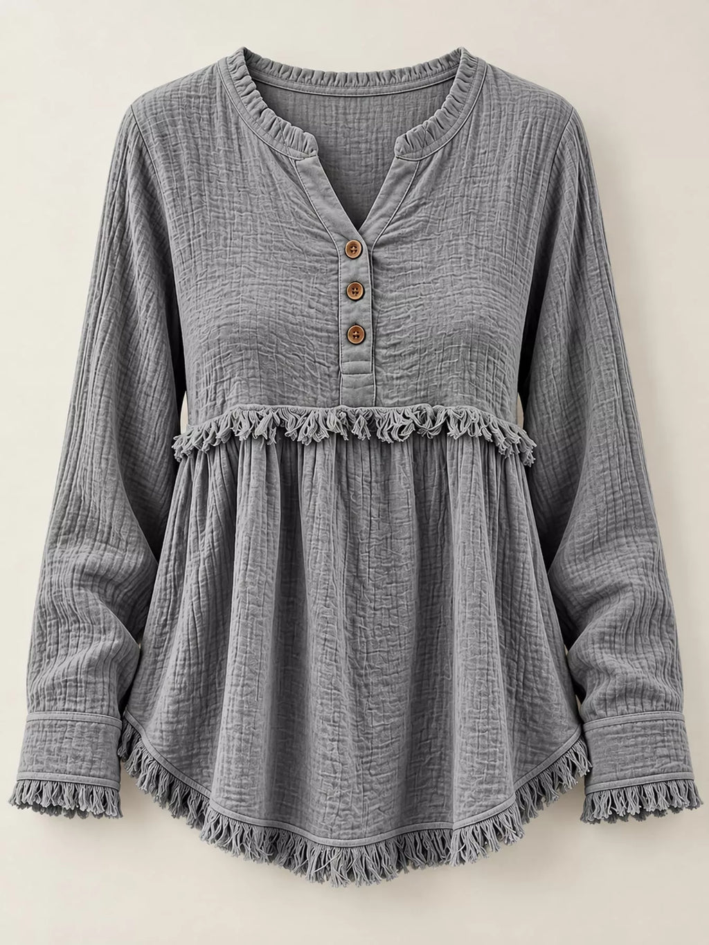 Full Size Frayed Hem Button Detail Blouse Plus Size