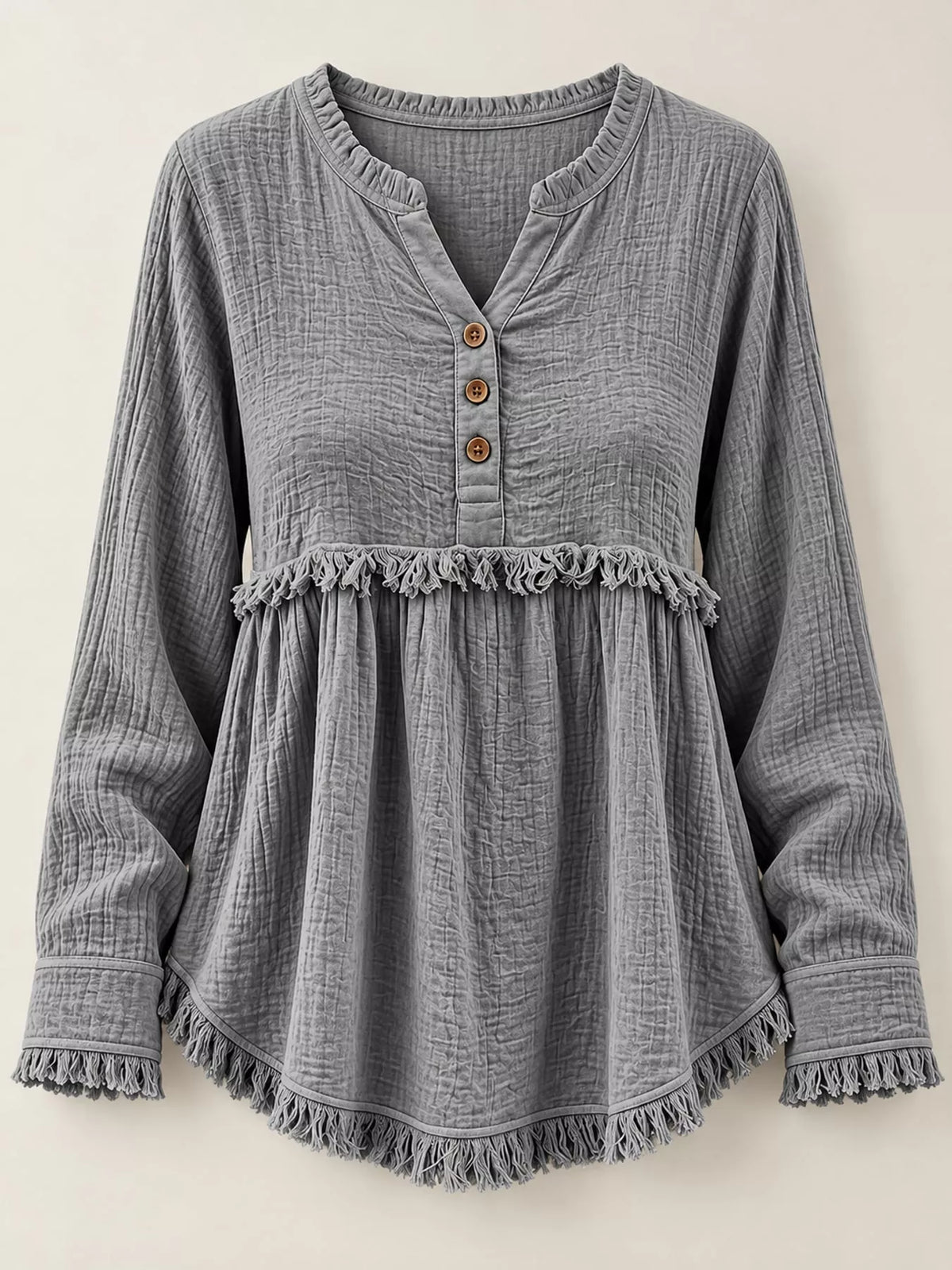 Full Size Frayed Hem Button Detail Blouse Plus Size