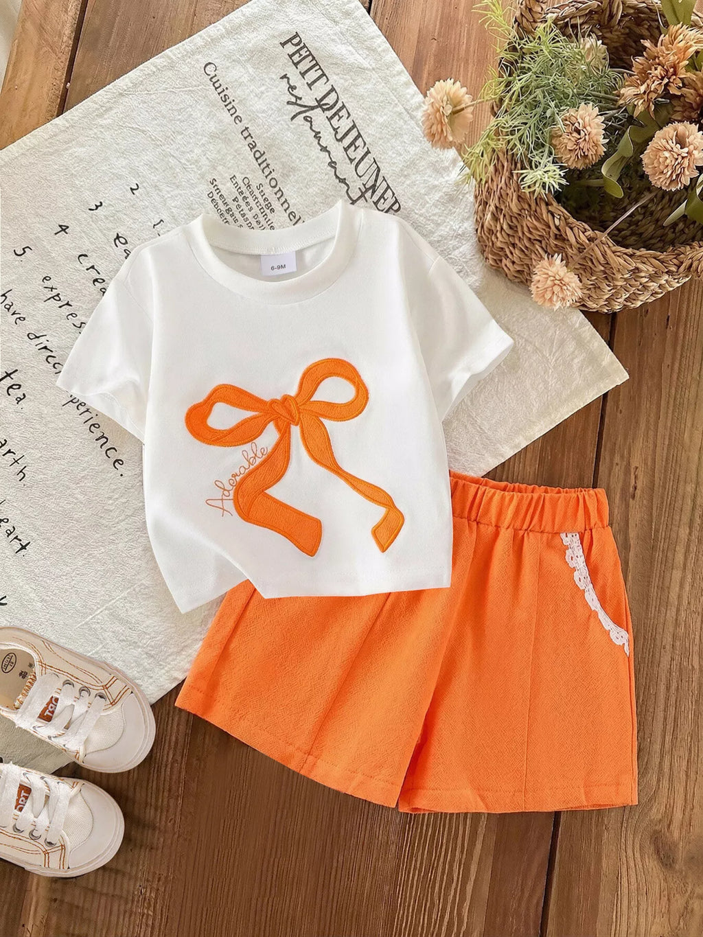 Children's Bow Round Neck Top and Shorts Set