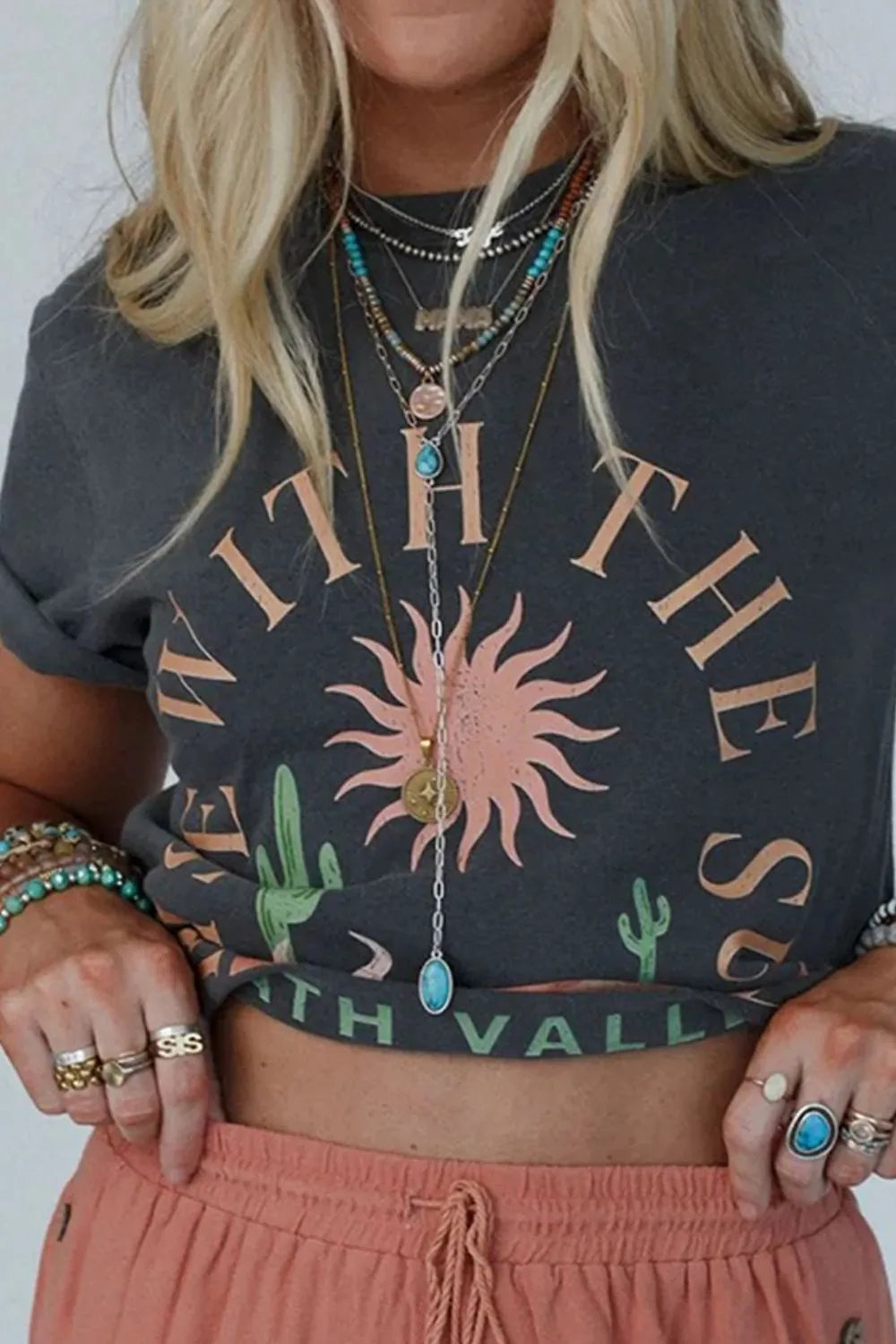 RISE WITH THE SUN Graphic Round Neck Cotton Blend T-Shirt