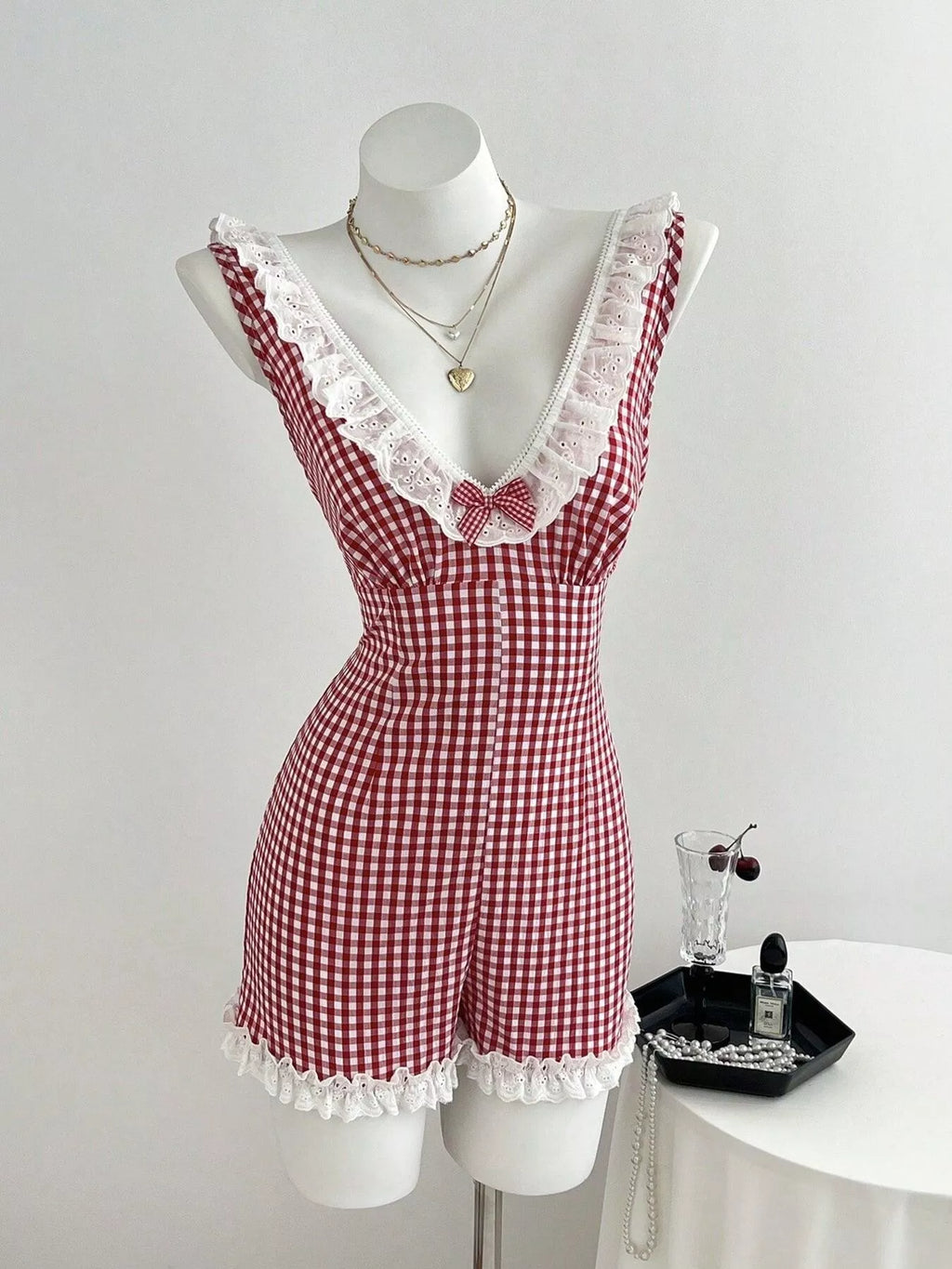 Gingham Lace-Trimmed Romper with Bow Detail