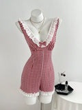 Gingham Lace-Trimmed Romper with Bow Detail