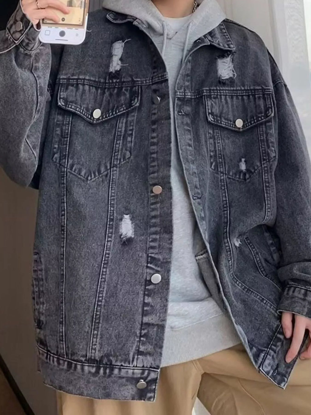 Men's Full Size Distressed Button Up Denim Jacket Plus Size