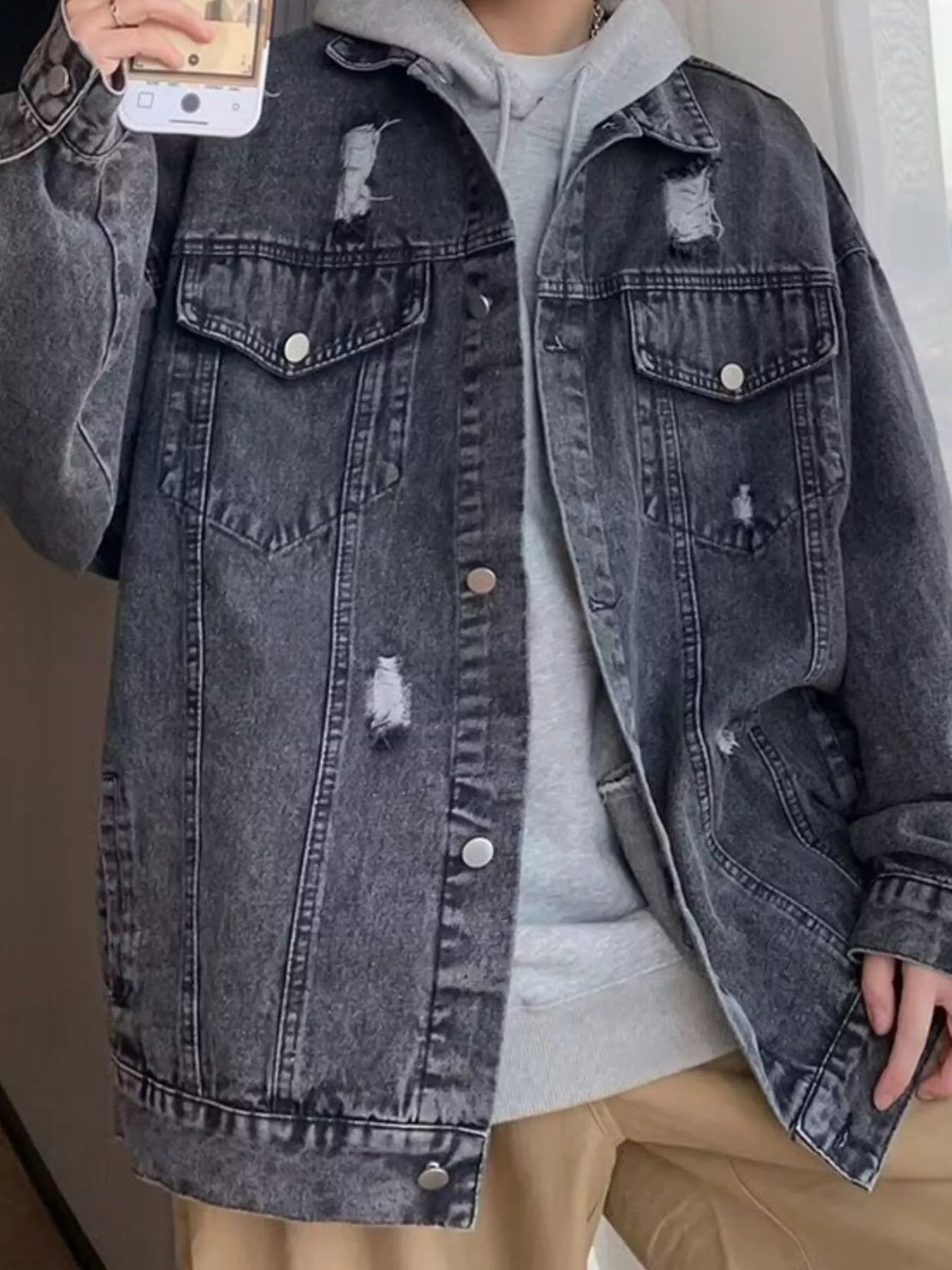 Men's Full Size Distressed Button Up Denim Jacket Plus Size