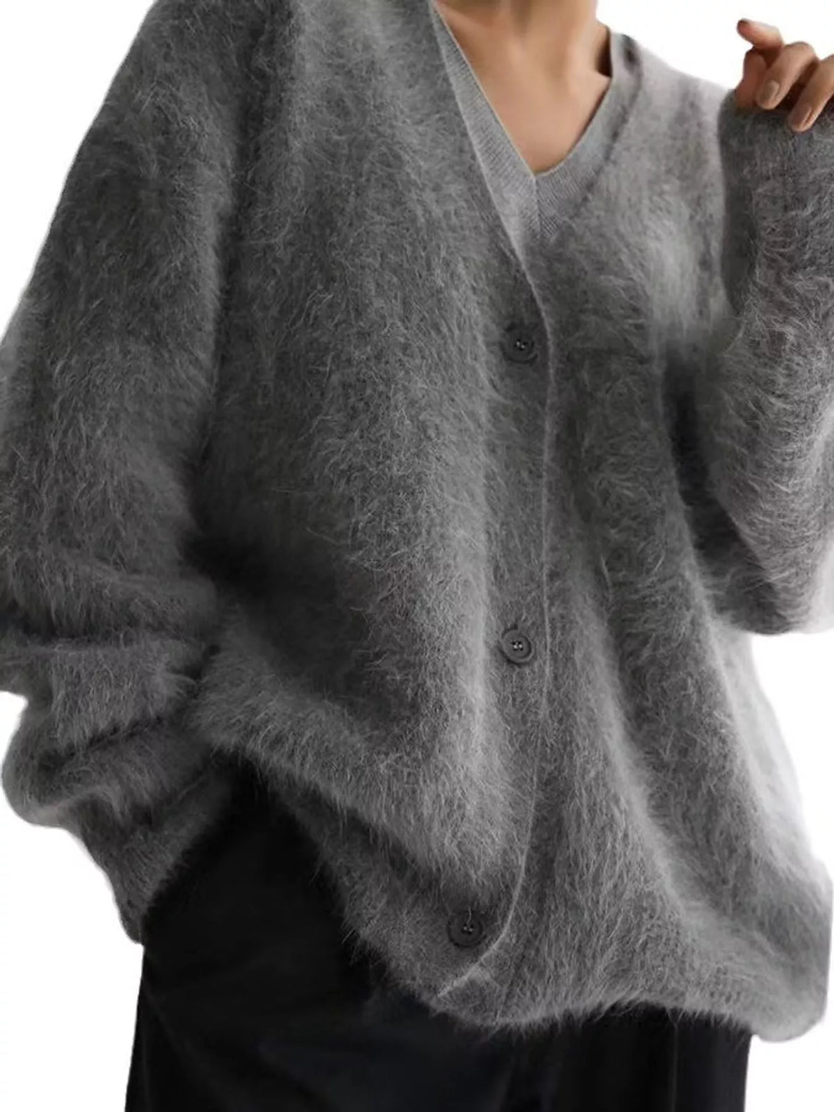 Fuzzy V-Neck Button-Down Cardigan