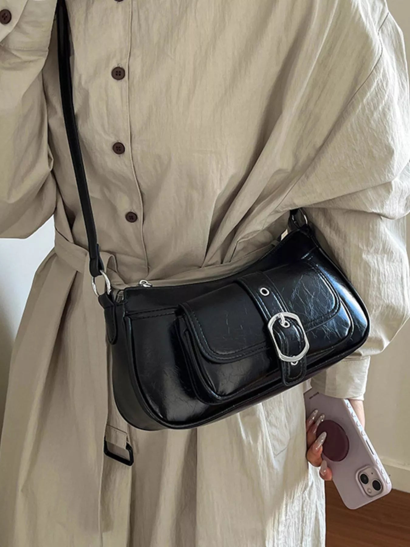 Buckle Detail Faux Leather Crossbody Bag