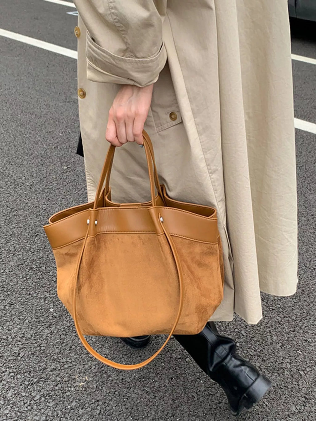Suede and Leather Trim Shoulder Bag