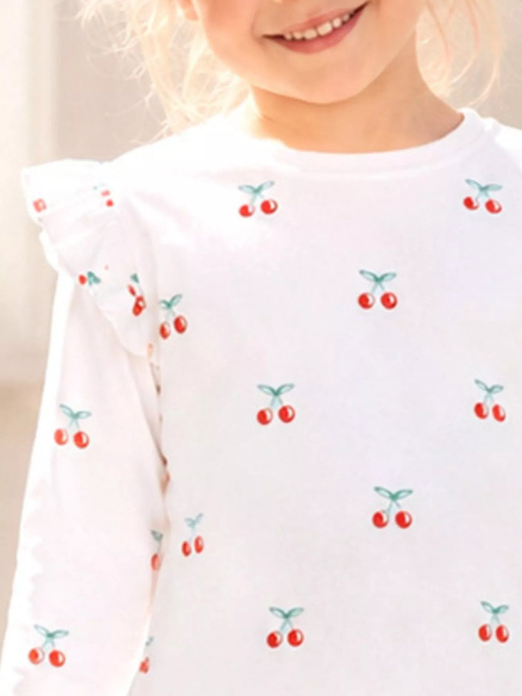 Children's Cherry & Flower Print Ruffled Long Sleeve T-Shirt