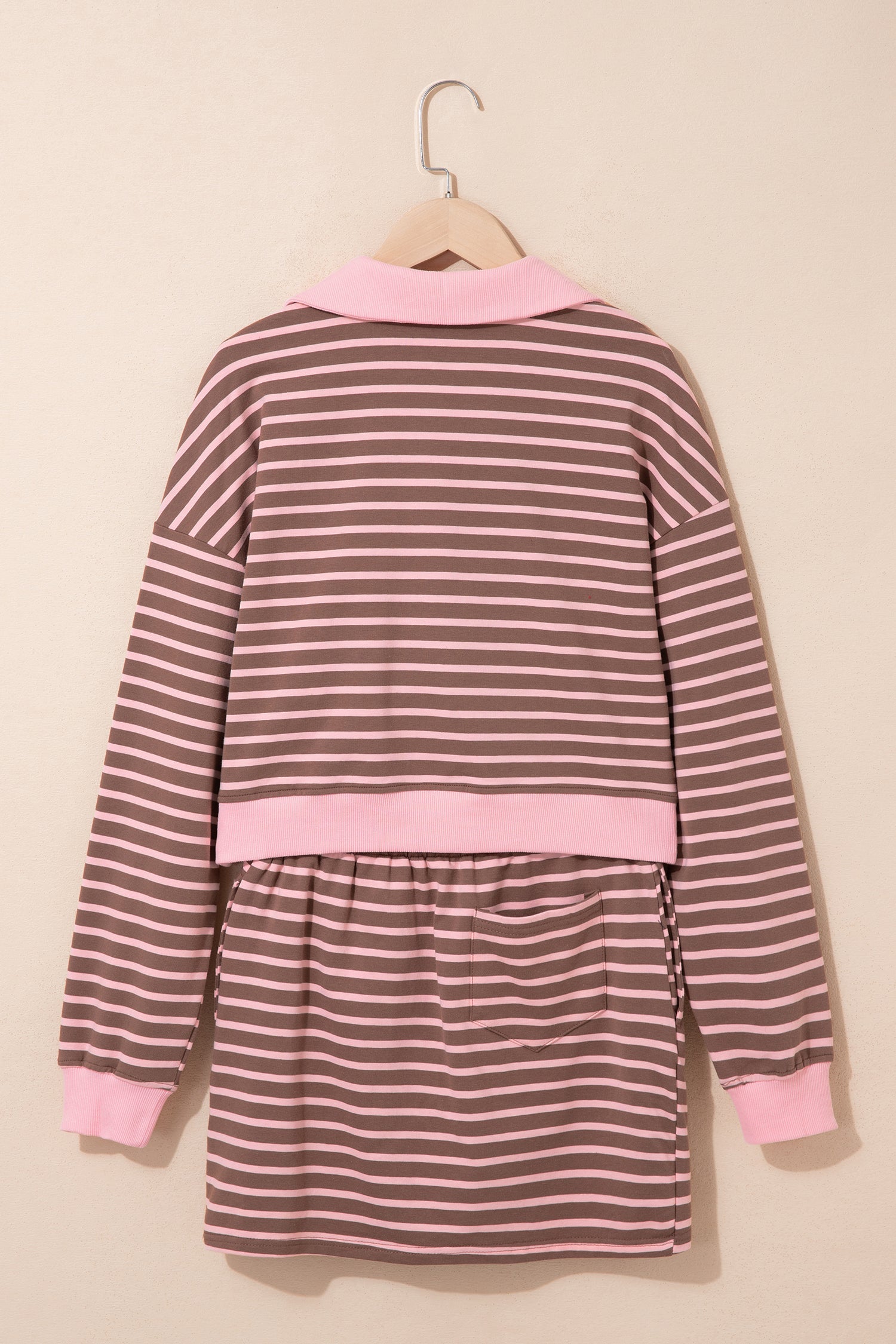 Brown Stripe Striped Drawstring Waist Long Sleeve Top Mini Skort Set