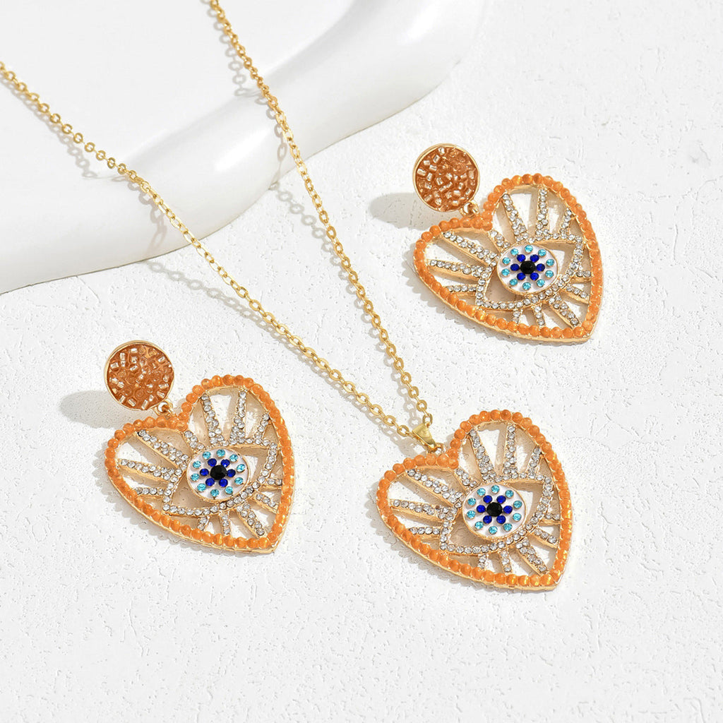 2026 New Love Diamond-encrusted Hip-hop Style Necklace Earrings Suit Angel's Eye Niche Earrings All-match Clavicle Chain