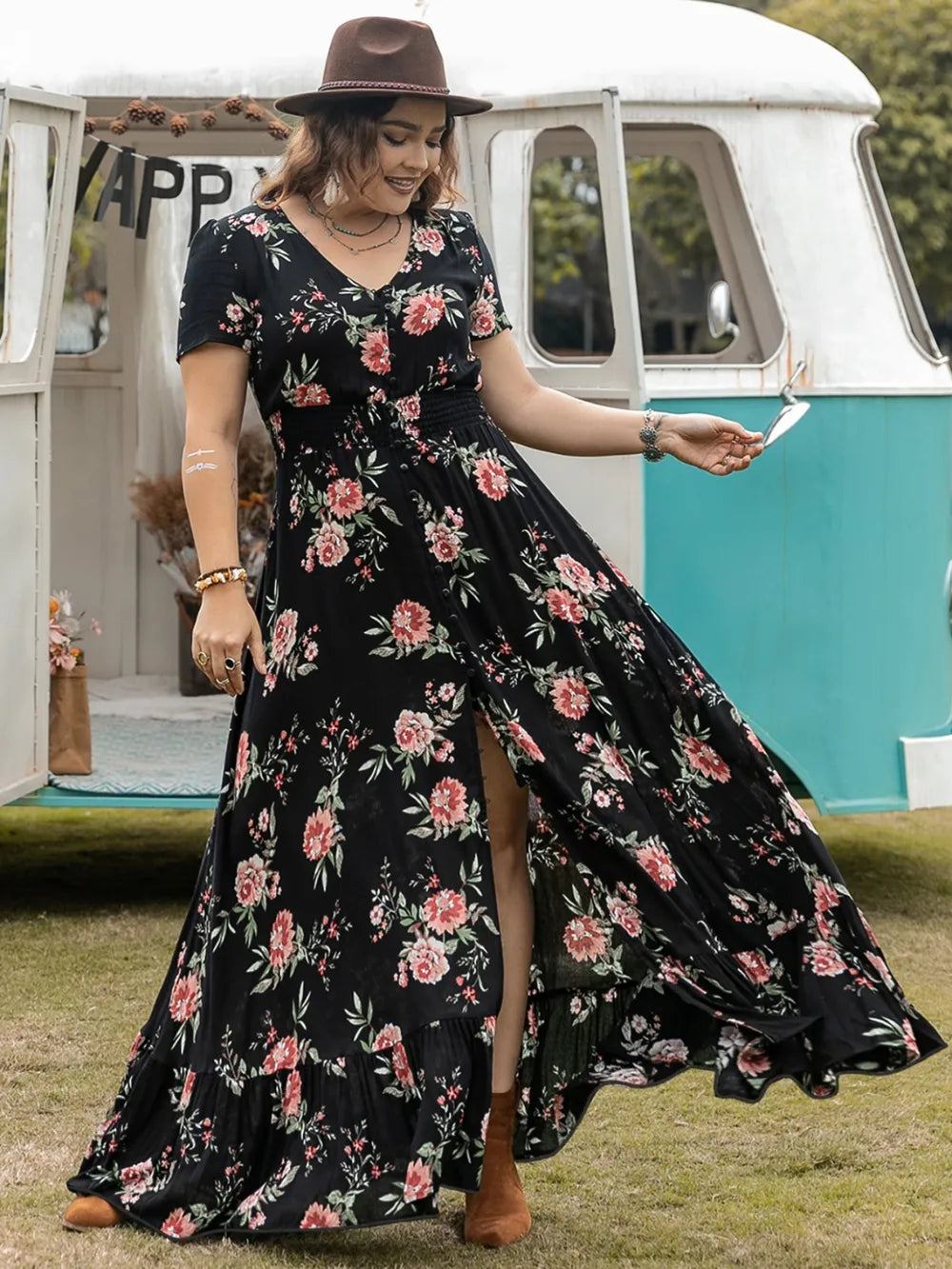 Button Detail Printed V-Neck Short Sleeve Maxi Dress