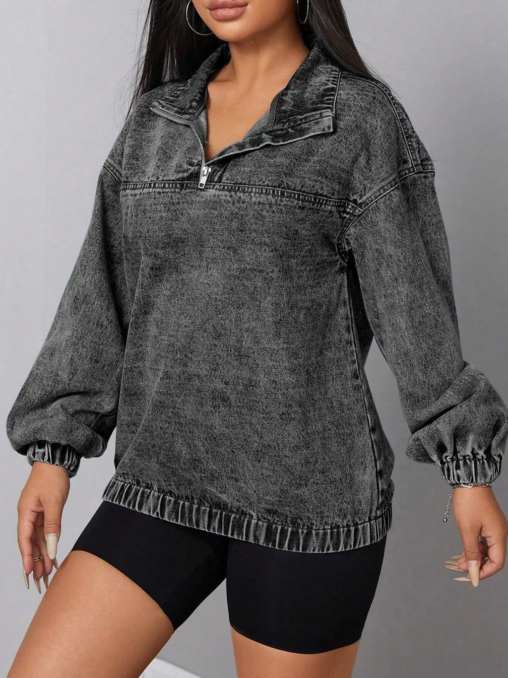 Elastic Hem Quarter Zip Denim Top