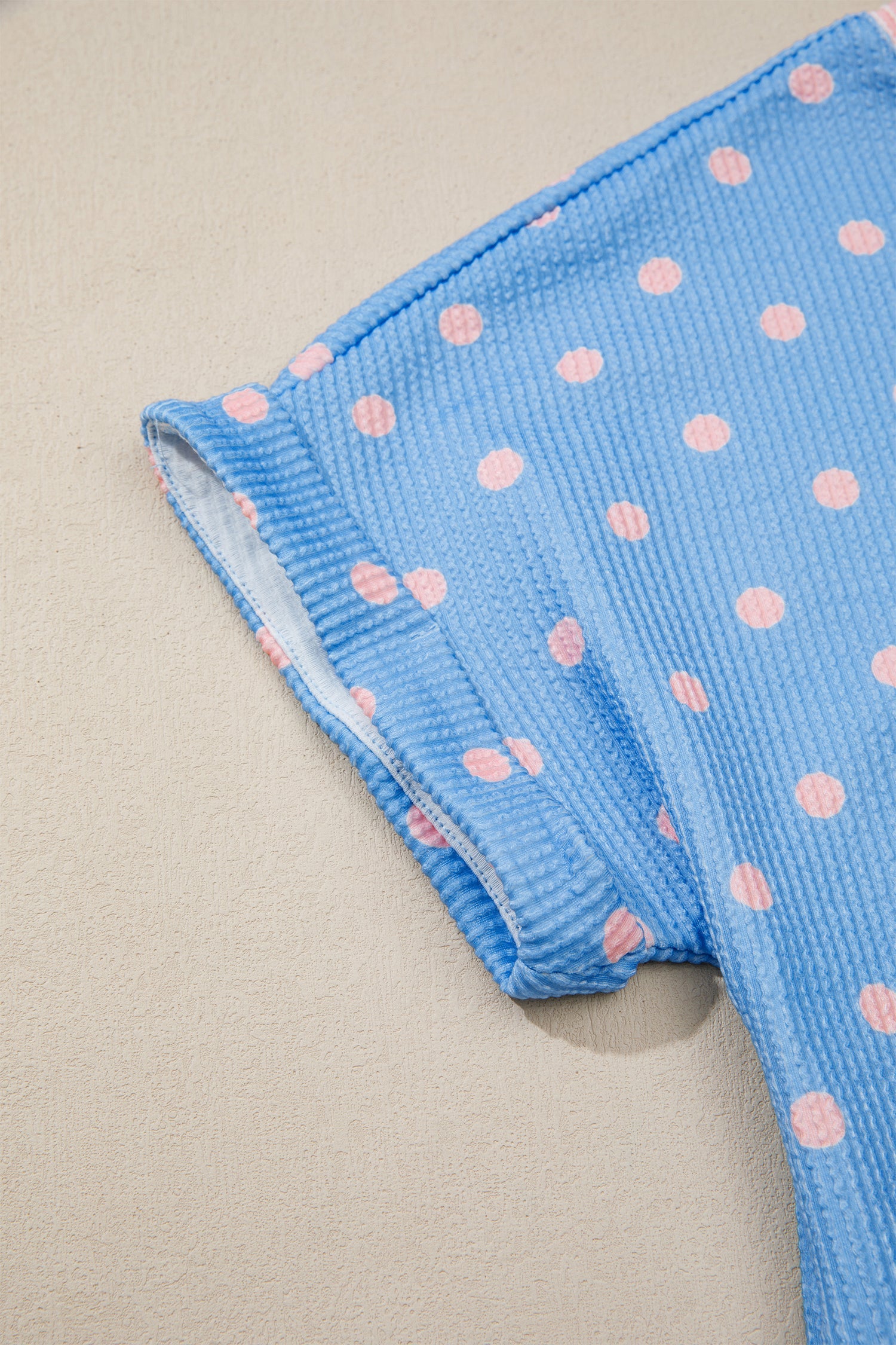 Sky Blue Raised Rib Polka Dot Print Cuffed Short Sleeve Top