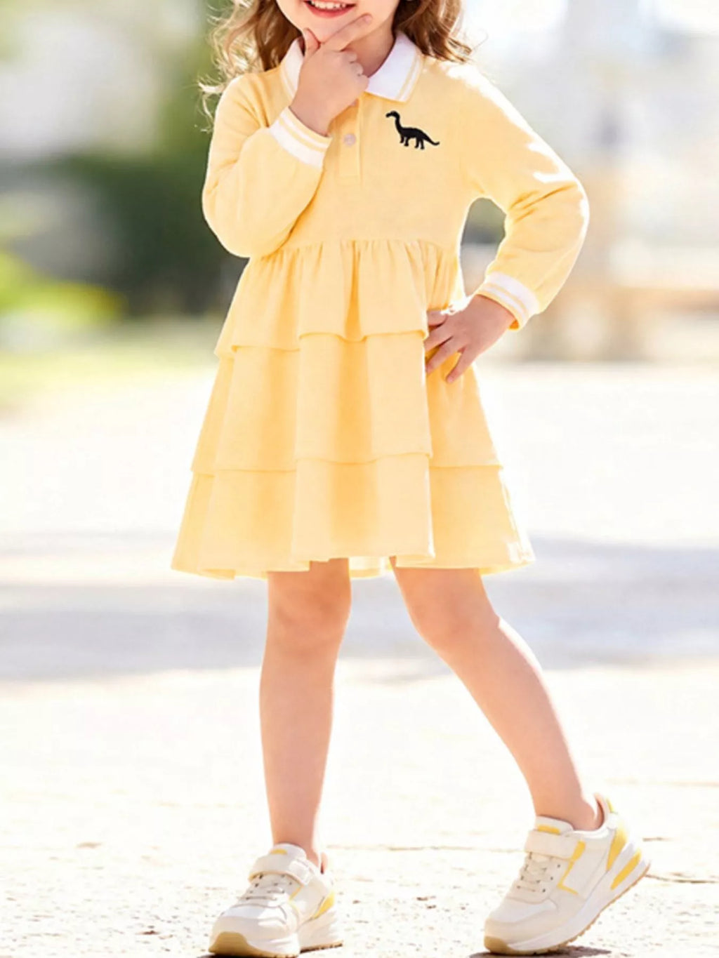 Children's Tiered Dress with Dinosaur Embroidery