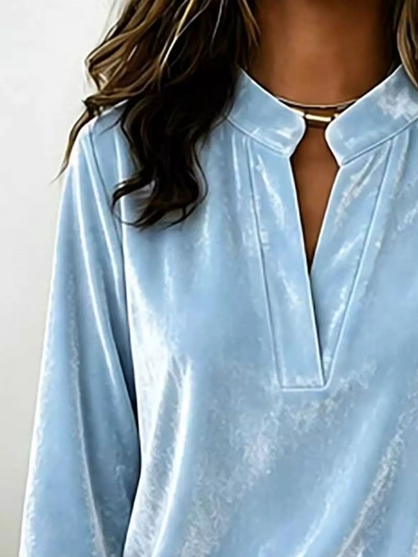 Full Size Velvet Notched Long Sleeve Blouse Plus Size