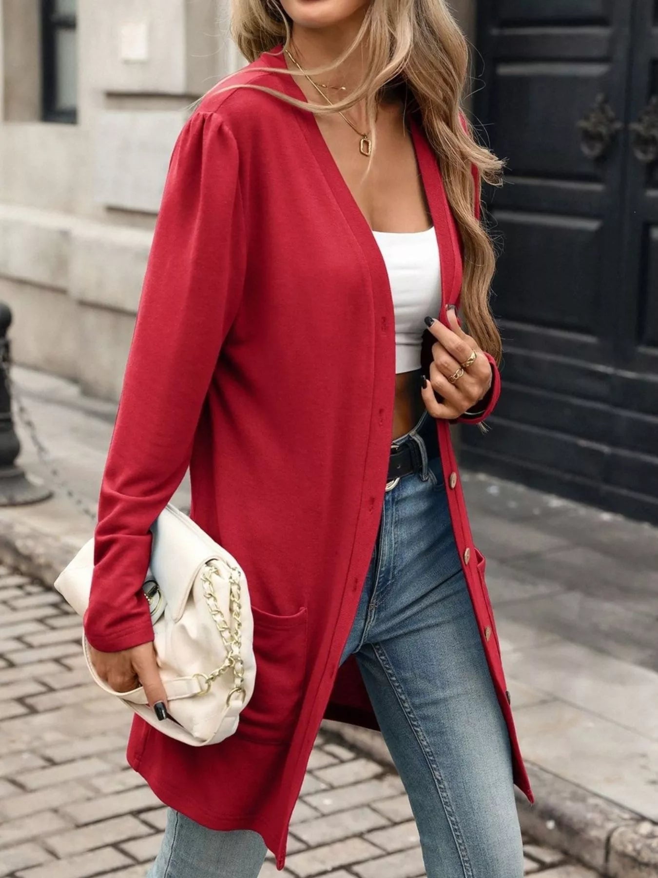 V-Neck Button-Up Long Sleeve Cardigan with Pockets