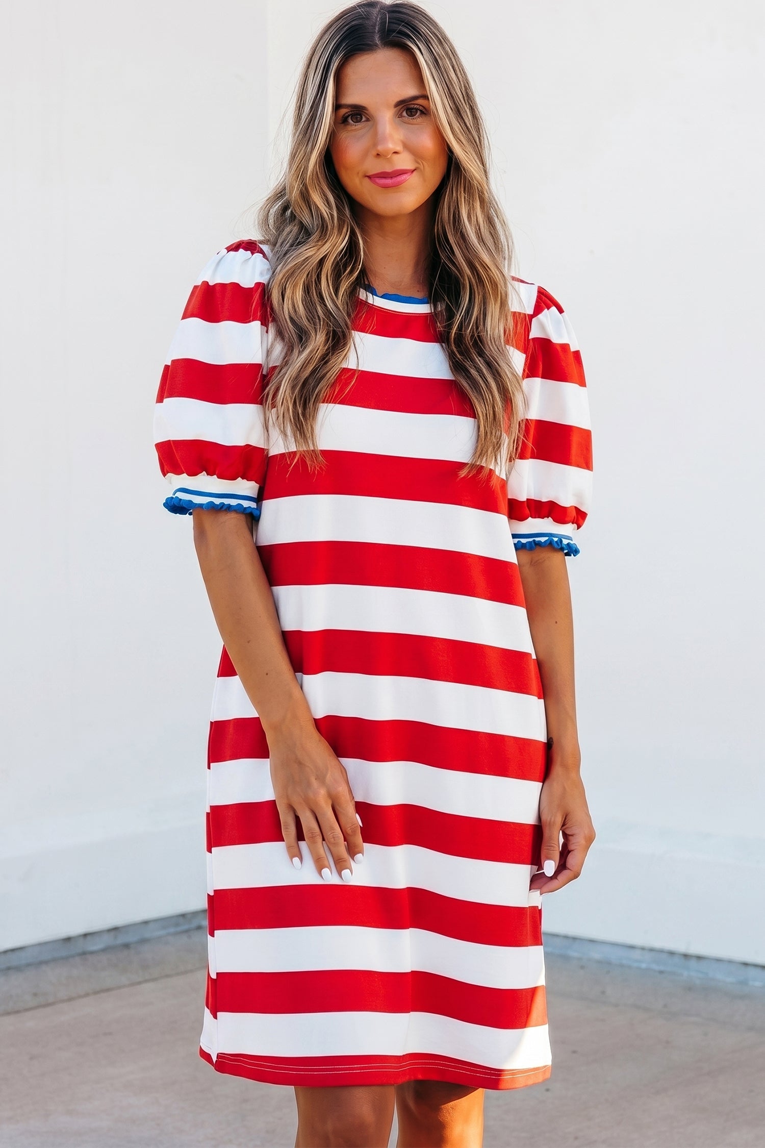 Red Stripe Contrast Trim Round Neck Short Puff Sleeve Shift Mini Dress