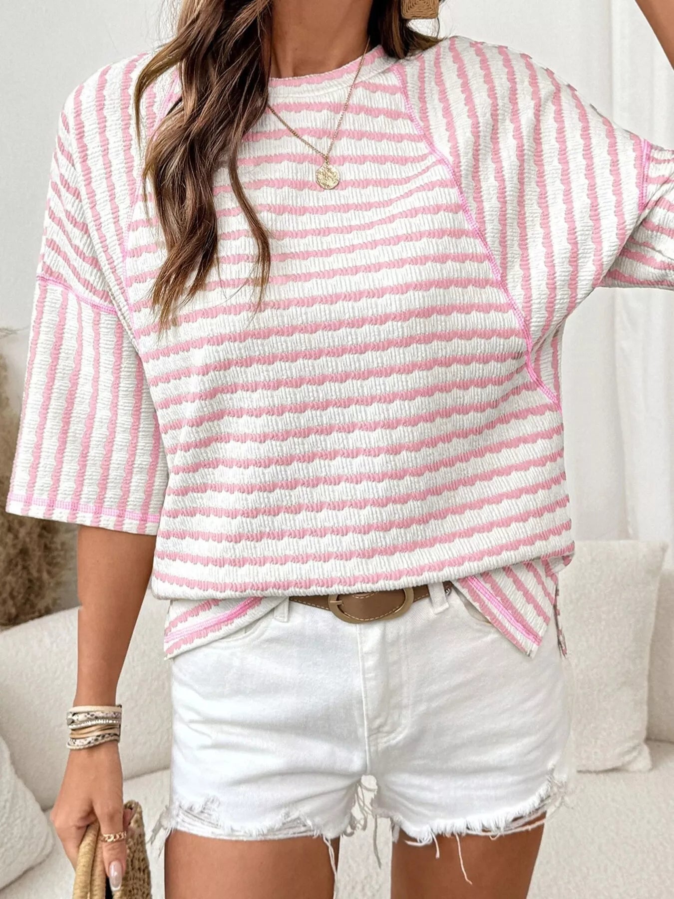 Casual Striped Raglan Sleeve Textured T-Shirt
