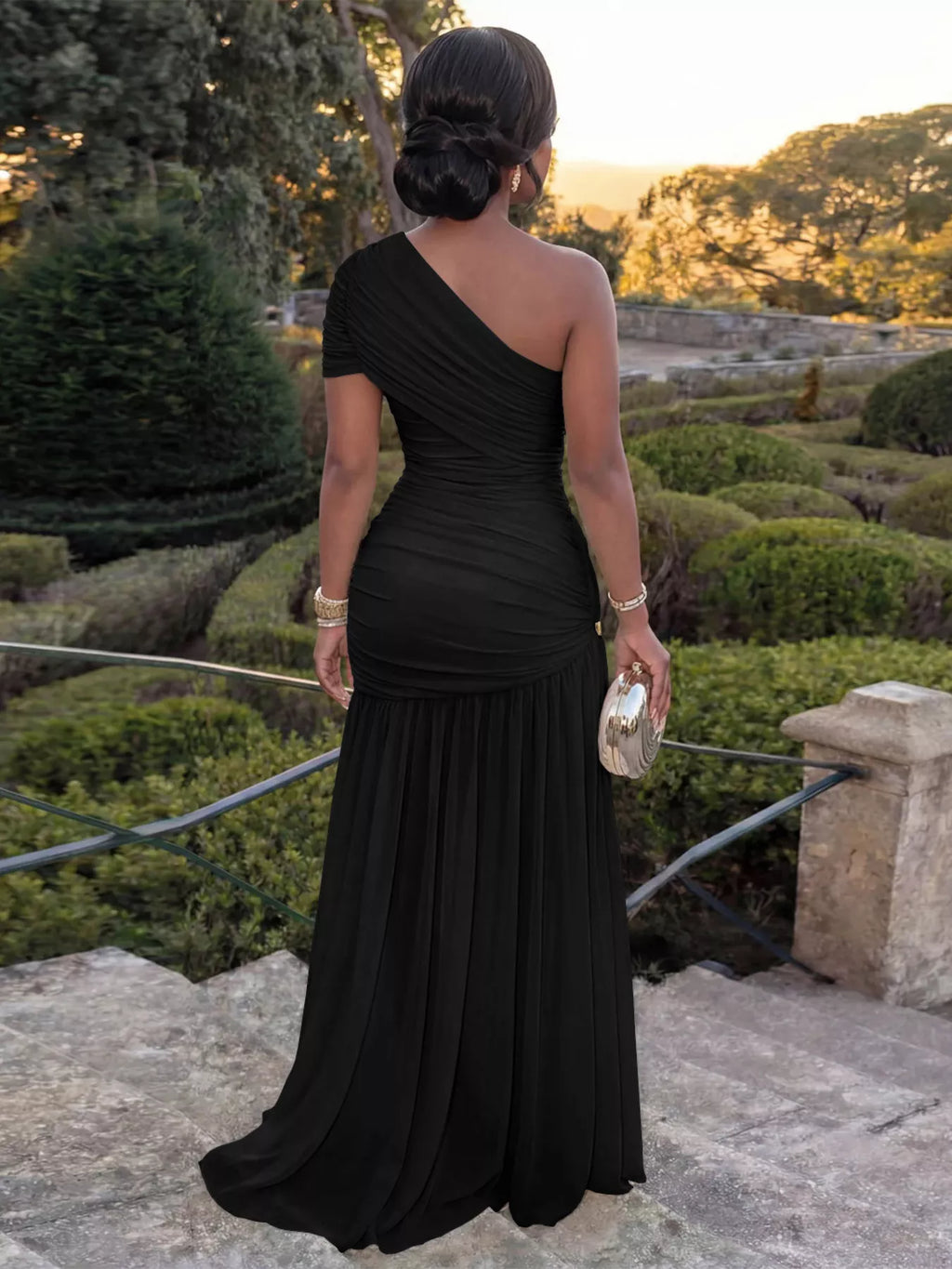 One-Shoulder Ruched High-Slit Evening Dress