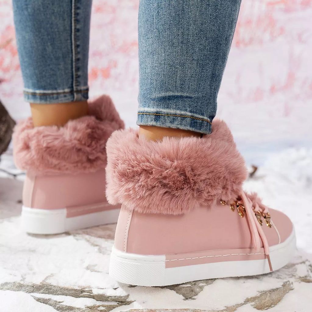 Fuzzy Trim Lace-Up Ankle Boots