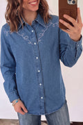 Dusk Blue Western Embroidered Collar Long Sleeve Denim Shirt
