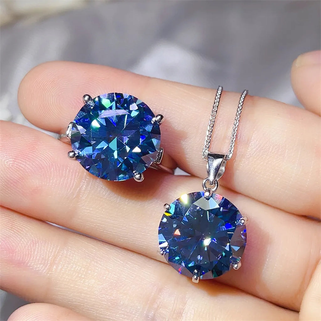 10 Carat Blue Moissanite Ring and Necklace Set in 925 Sterling Silver