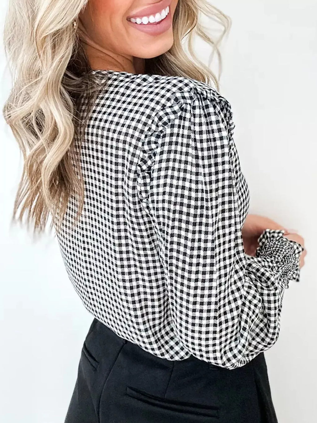 Plaid Shirred Cuff Long Sleeve Round Neck Blouse