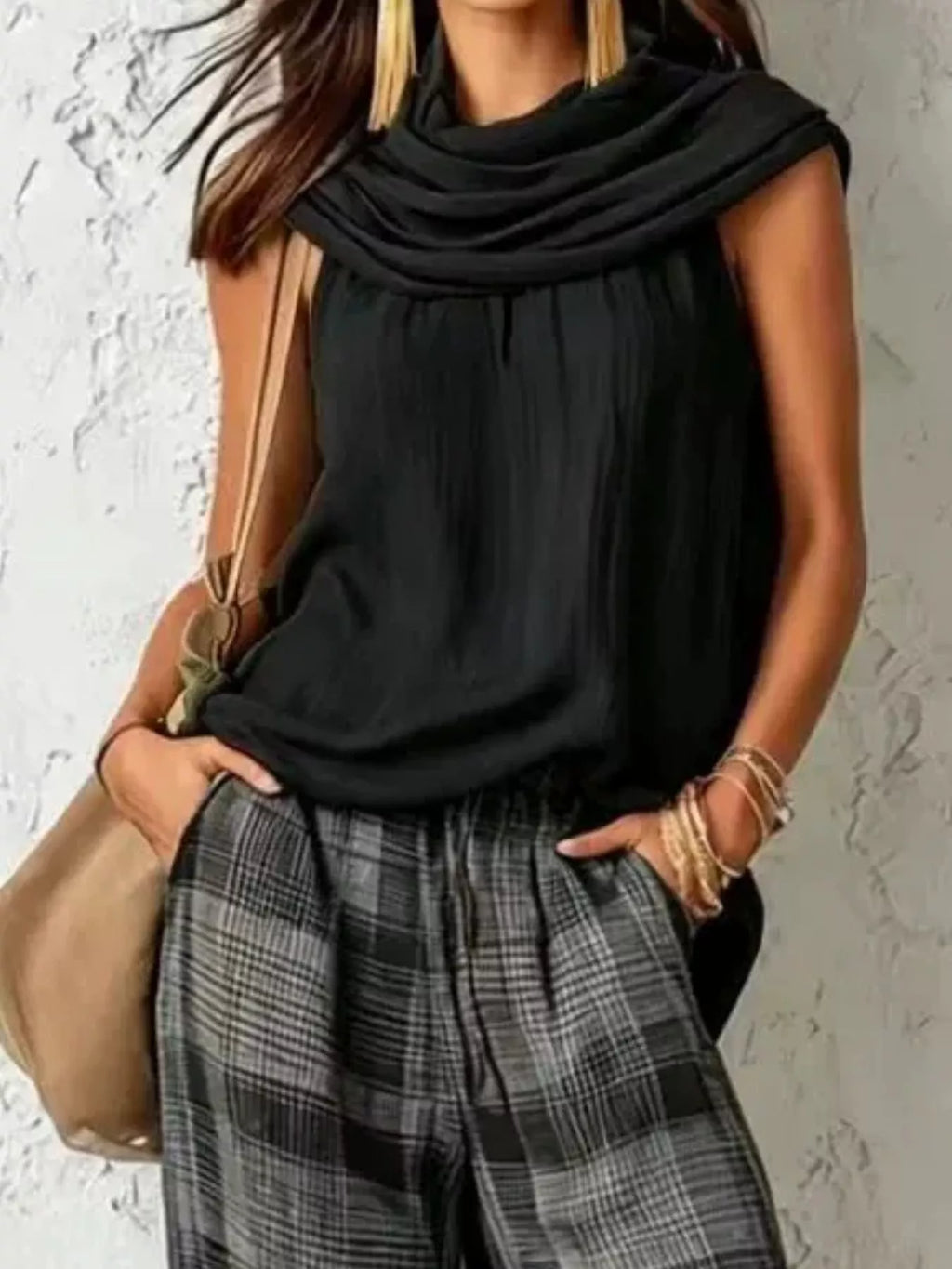 Full Size Sleeveless Cowl Neck Top and Plaid Wide-Leg Pant Two-Piece Set Plus Size