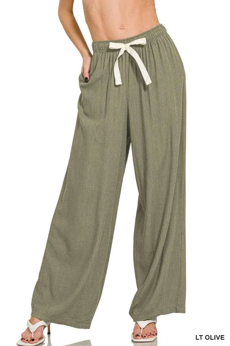 Linen Blend Drawstring Pants with Side Pockets