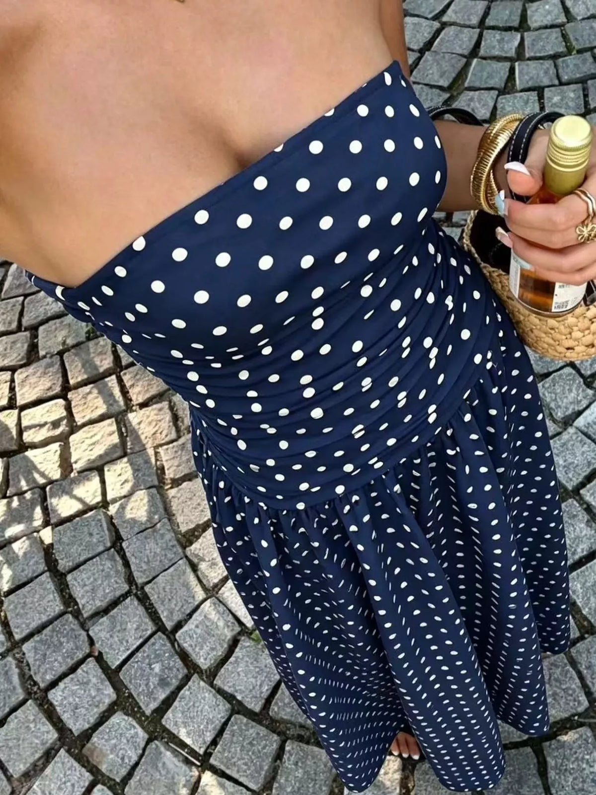 Strapless Polka Dot Ruched Maxi Dress