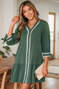 Canton Contrast Ricrac Trim Button V Neck Knotted Bracelet Sleeve Shift Dress