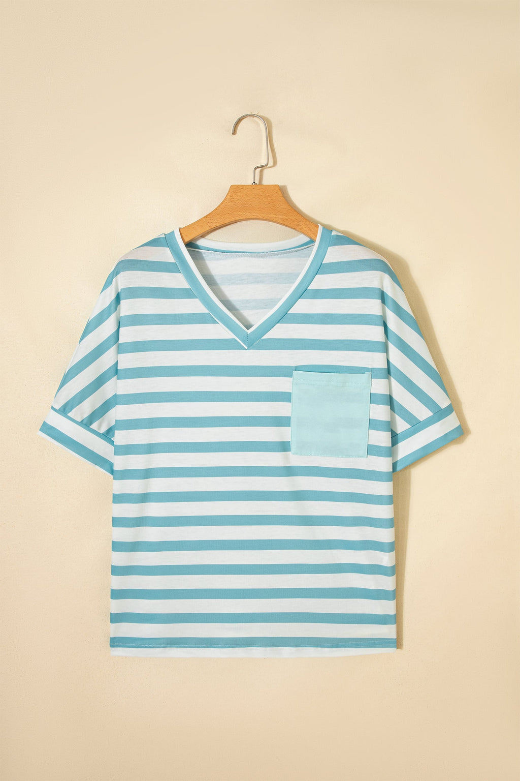 Sky Blue Stripe V Neck Patched Pocket Casual T Shirt