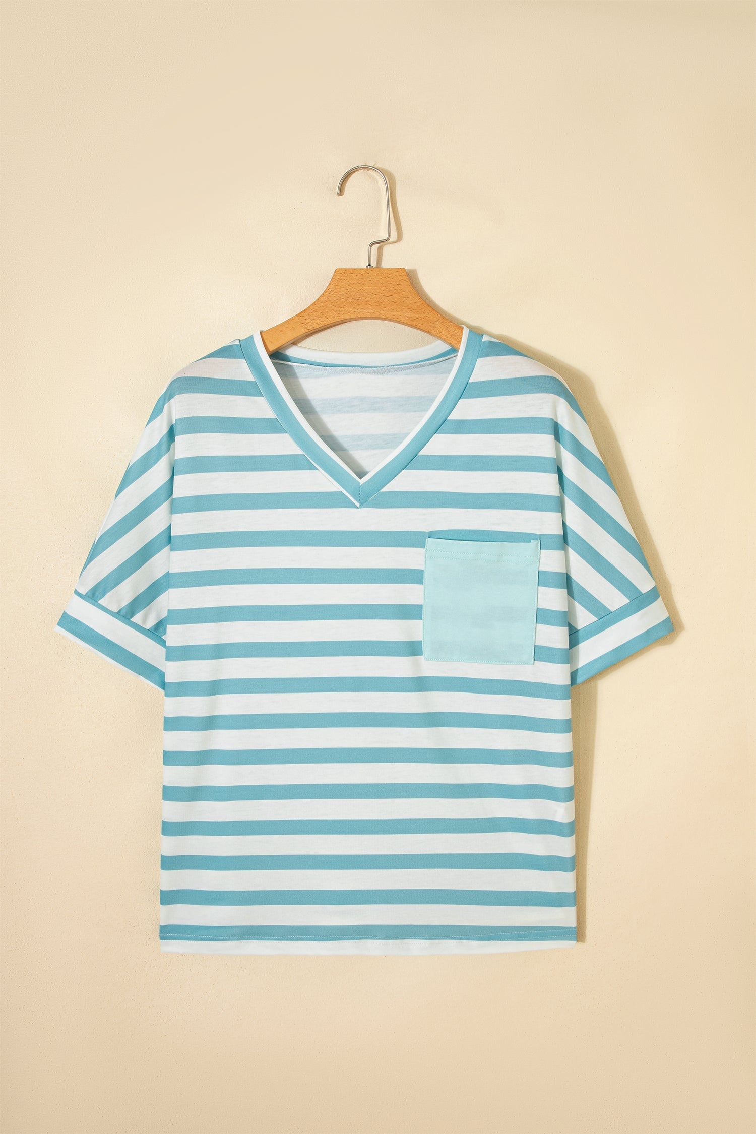 Sky Blue Stripe V Neck Patched Pocket Casual T Shirt