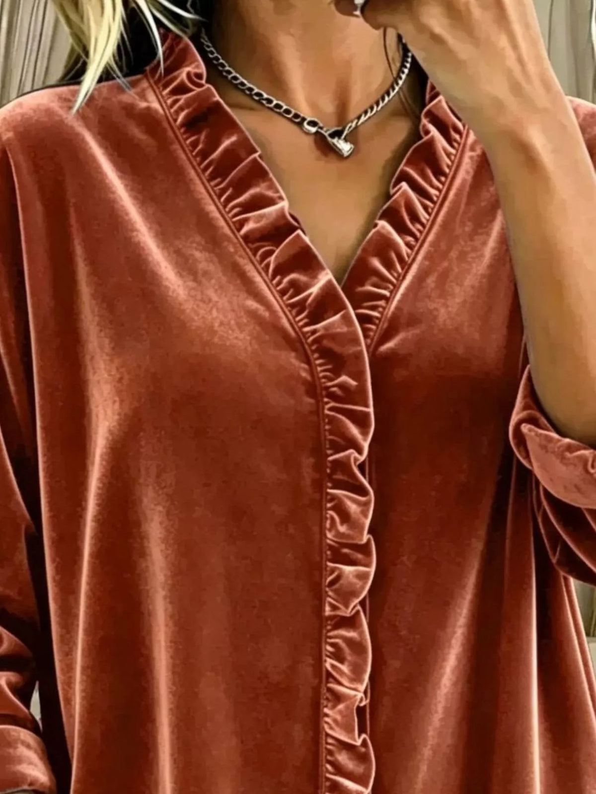 Velvet Frill V-Neck Blouse