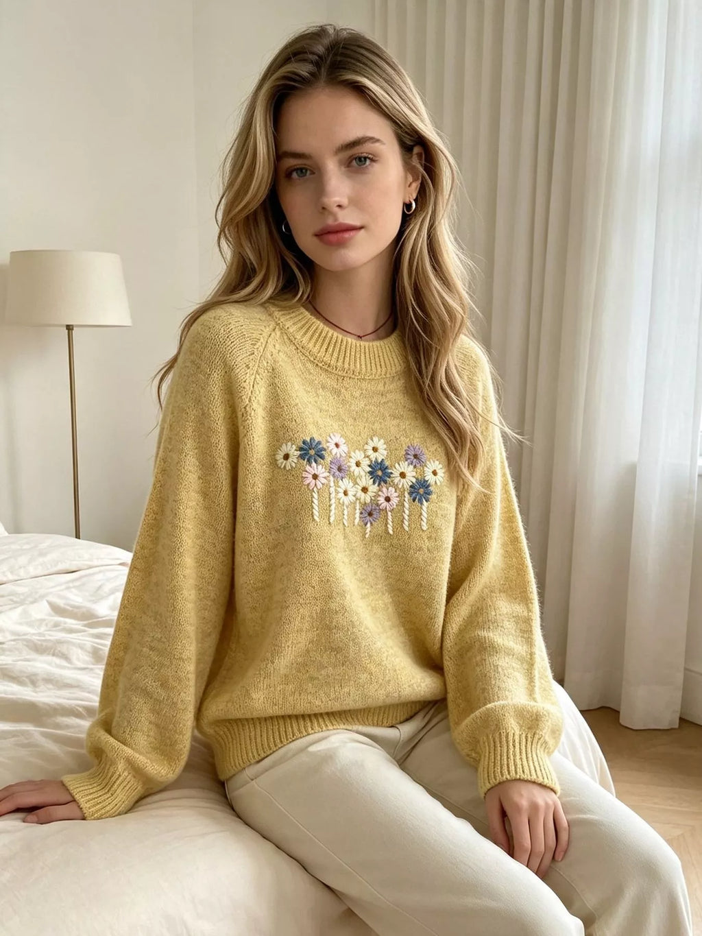 Floral Embroidered Round Neck Sweater