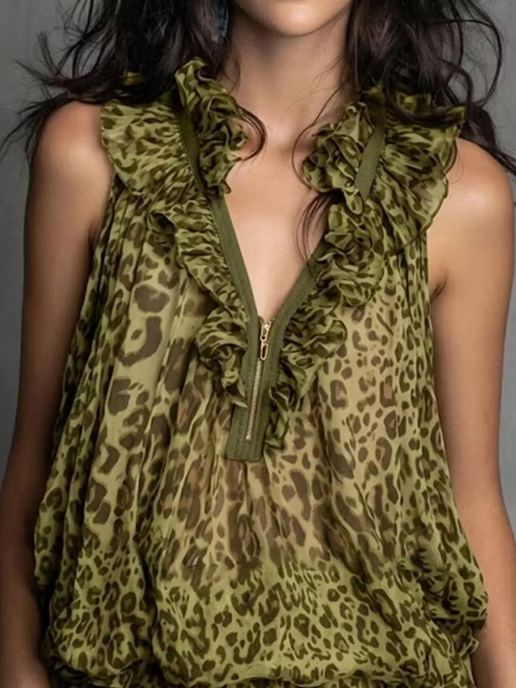 Full Size Leopard Quarter Zip Sleeveless Top Plus Size