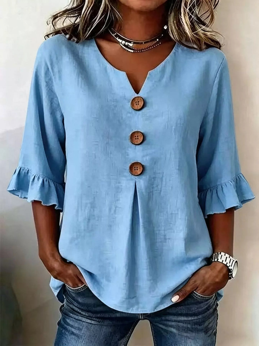 Full Size Casual Ruffle‑Sleeve Decor‑Button Top Plus Size