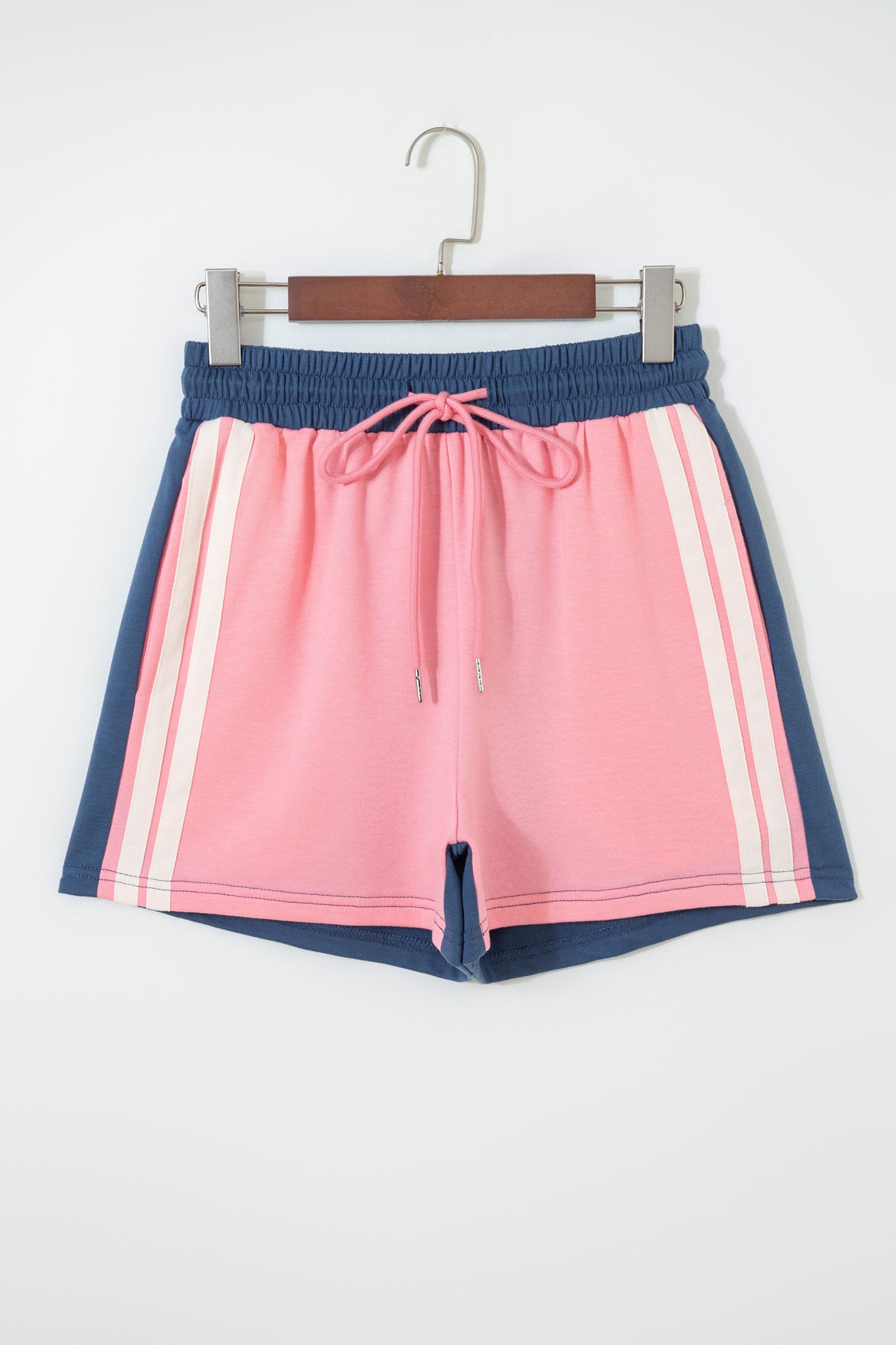 Pink Color Block Patchwork Varsity Striped Detail Drawstring Elastic Waist Shorts