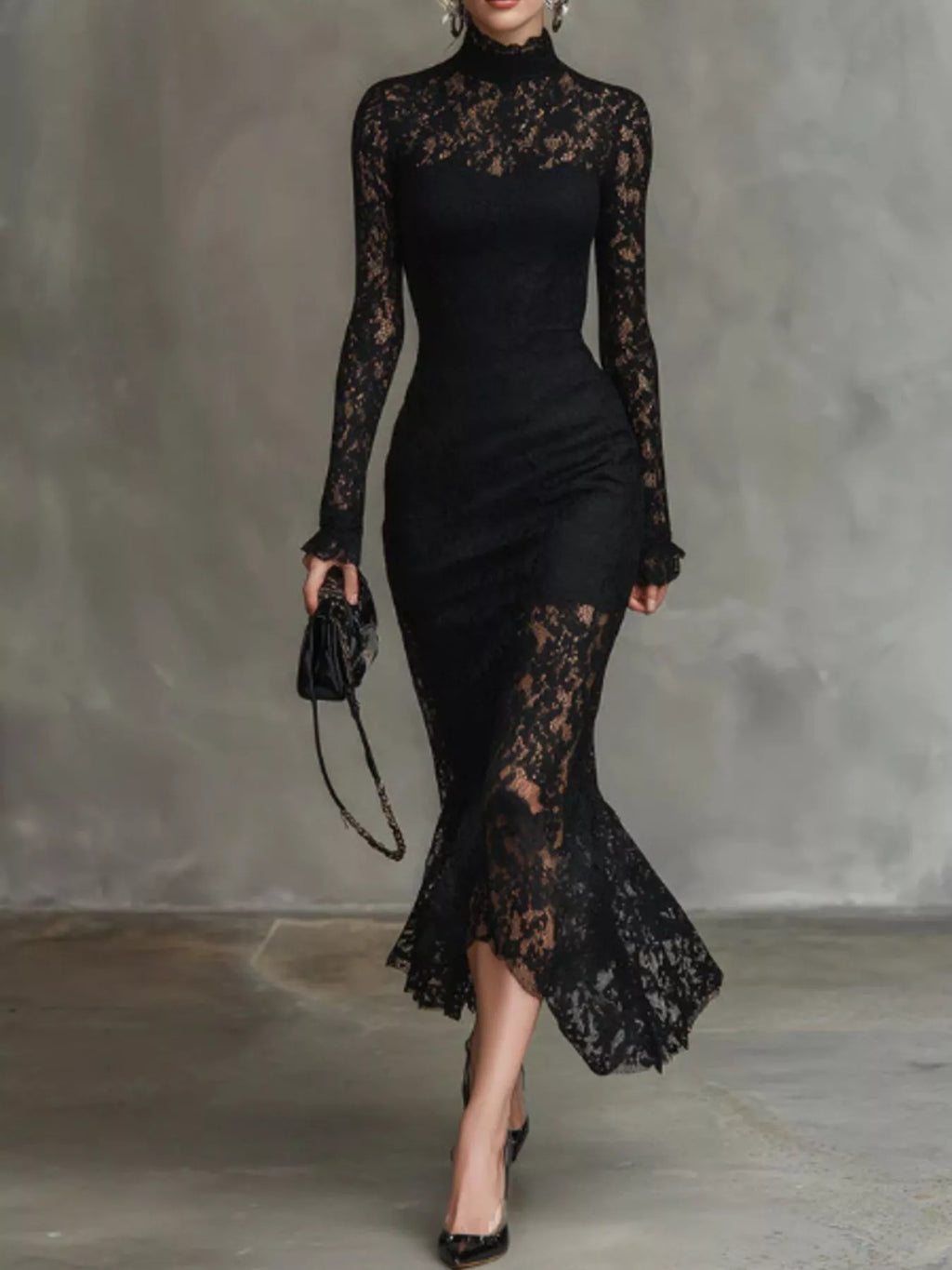 Lace Mock Neck Long Sleeve Mermaid Midi Dress
