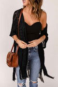 Fringe Hem Open Front Cardigan with Slit
