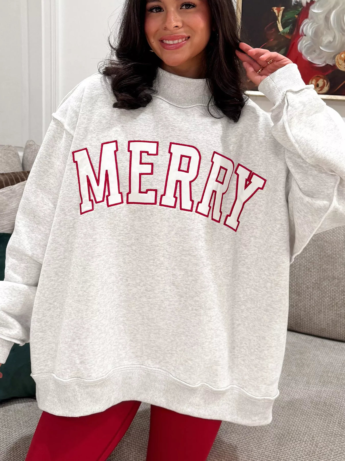 MERRY Embroidered Letter High Neck Tunic Pullover Sweatshirt