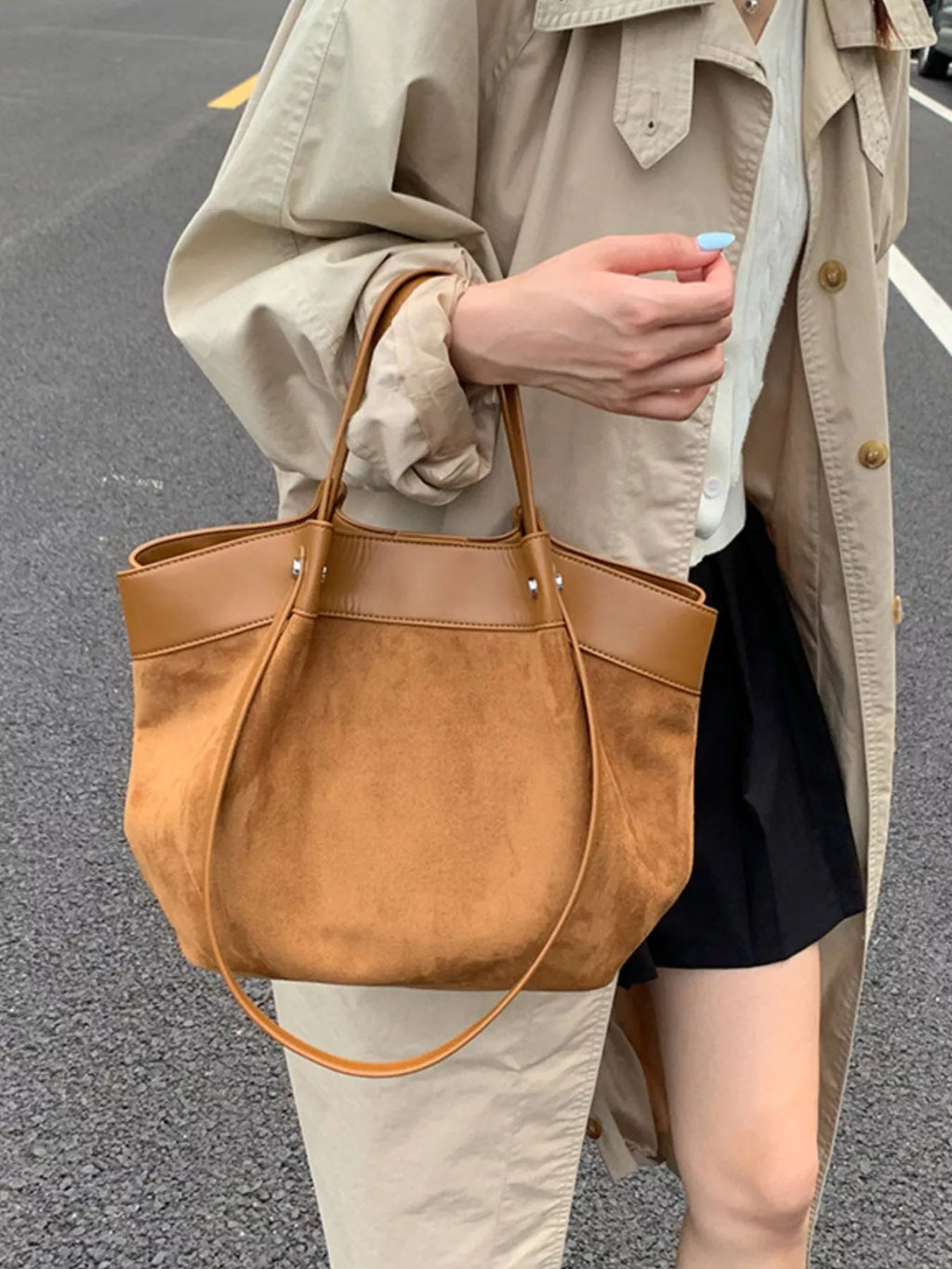 Suede and Leather Trim Shoulder Bag